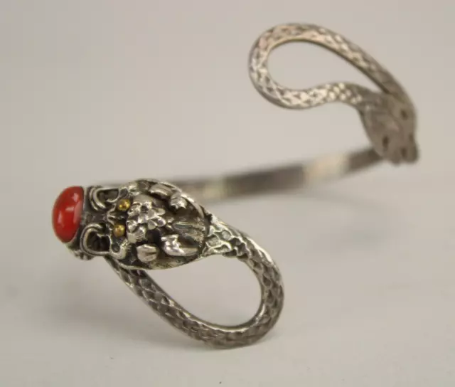 Vintage Chinese Dragon Authentic Coral & Sterling Silver 925 Bangle Bracelet