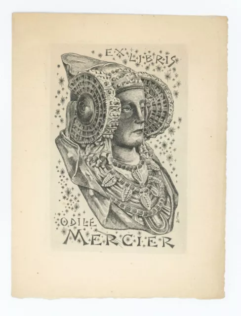 Odile Mercier engraved Ex Libris bookplate Lady of Elchre sculpture occult
