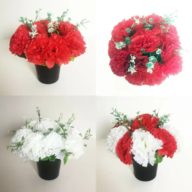 Artificial Graveside Carnations Flowers, Red & White Crem Pots / Vase Memorial