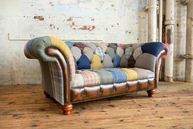 Handmade 2 Seater Multi Colour Wool & Leather Patchwork Chesterfield Sofa