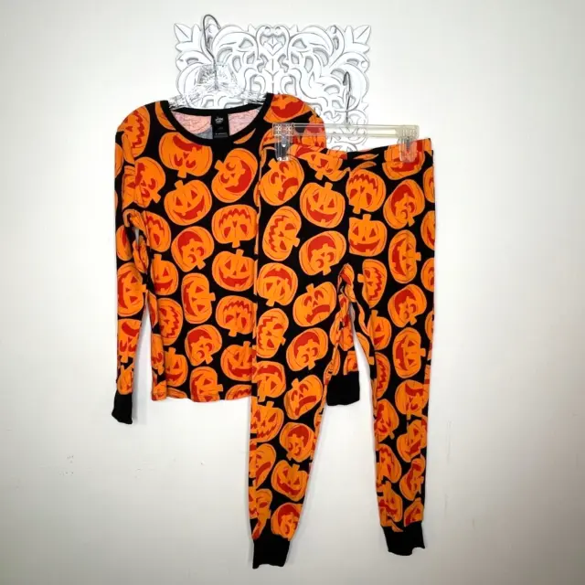 Hyde and EEK Women's Medium Pajama 2-Piece Set Orange Black Halloween Pumpkins