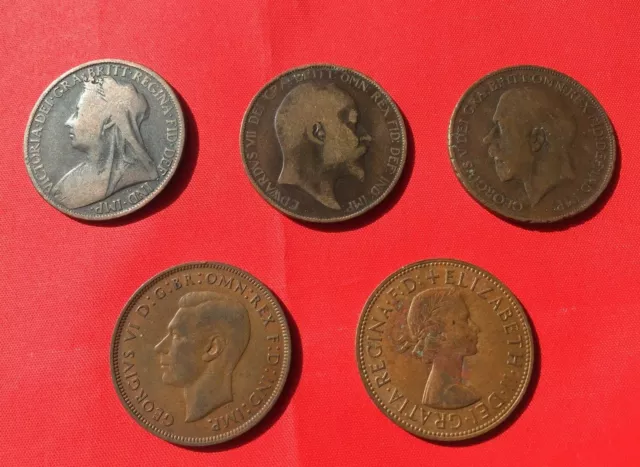 1p x 5 BRITISH PENNY .5 MONARCHS TYPE COLLECTION  1897, 1906, 1921, 1948 & 1967. 2