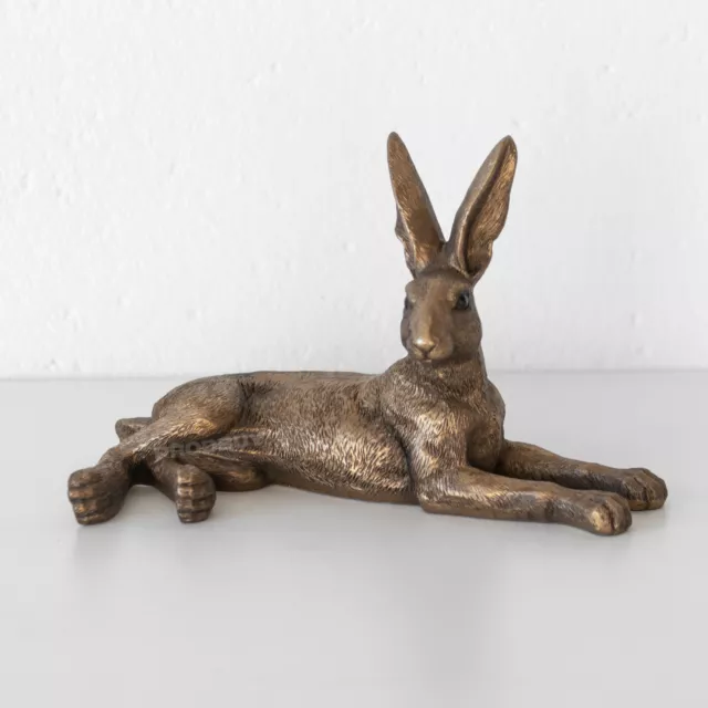 Small Laying Hare Ornament Bronze Resin Rabbit Decorative Figure Sculpture 17cm