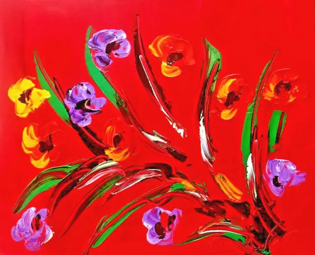 FLOWERS ON RED   IMPASTO  IMPRESSIONIST LARGE ORIGINAL OIL  PAINTING - Pndf5YT