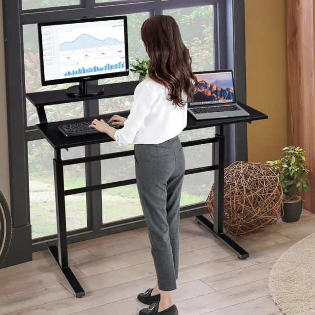 Height Adjustable Standing Desk 2-Tier Computer Table W/ Foldable Crank Handle