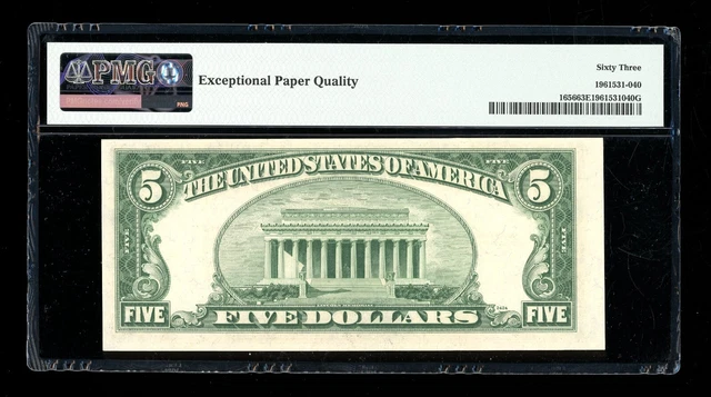 DBR 1953-A $5 Silver Fr. 1656 FA Block PMG 63 EPQ Serial F19006801A 2