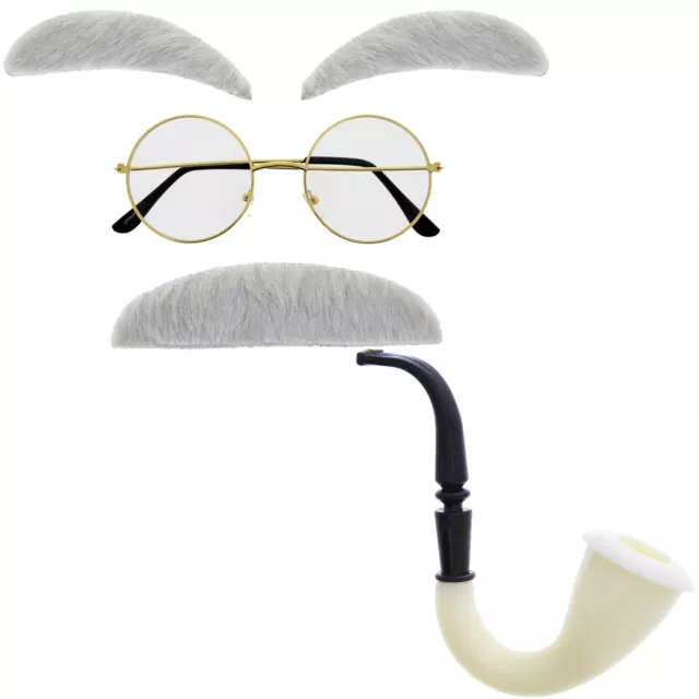 4 Stück Old Man/Opa Augenbrauen, Schnurrbart, Brille & Tabak Pfeife Kit