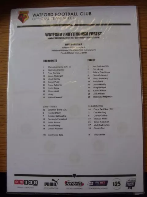 25/08/2013 Colour Teamsheet: Watford v Nottingham Forest [No Programme Issued On