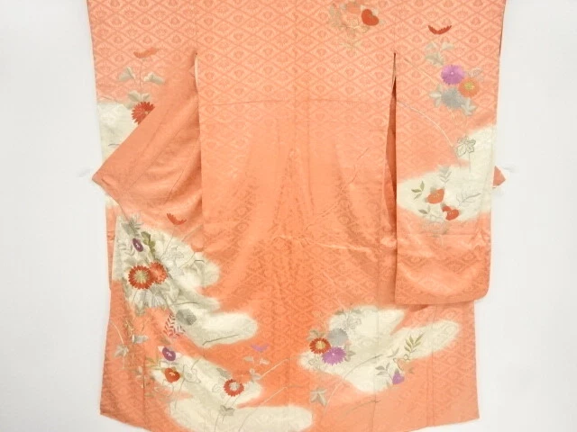 04305# Japanese Kimono / Antique Furisode / Embroidery / Kiku & Plants
