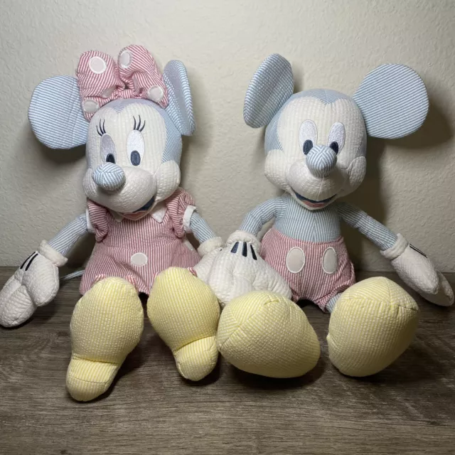 Disney Parks Seersucker Mickey & Minnie Mouse 15” Plush Dolls Rare NO tags