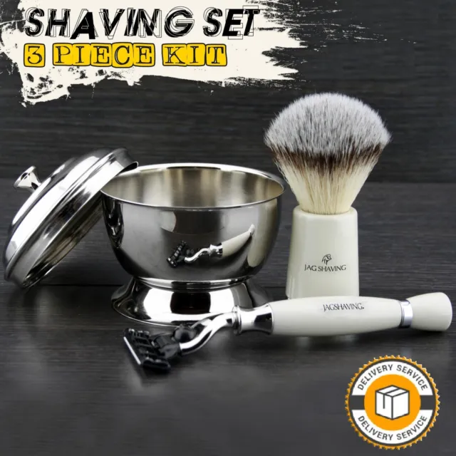 3 PCS Men's Wet Shaving Sets Soft Hair Brush & Safety Razors + Bowl Grooming Kit