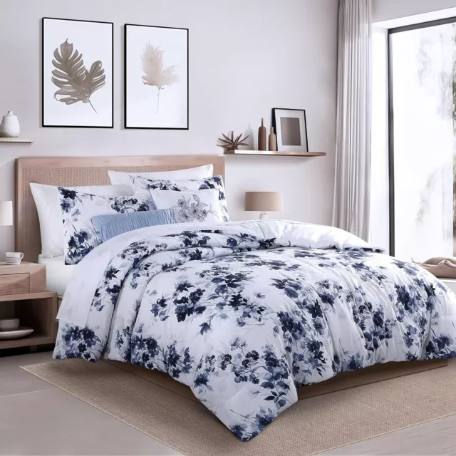 Wellbeing Size Comforter Set, Cotton White Floral Bedding King Navy Blue