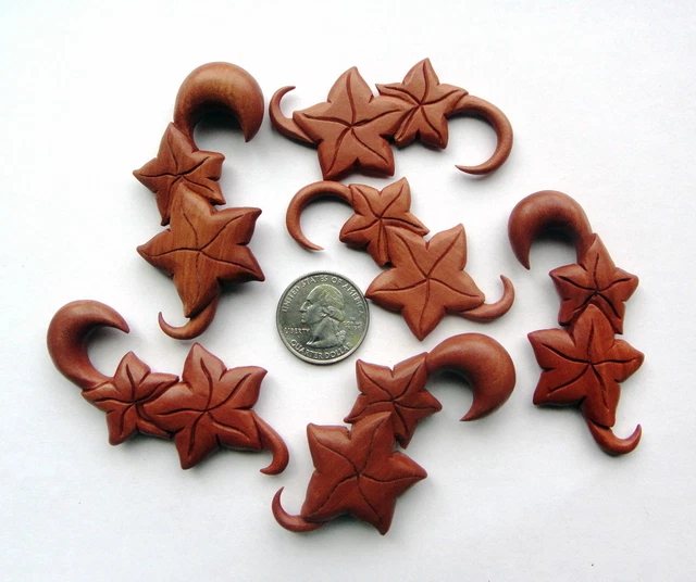 Pair Carved Organic Star Flowers Tribal Floral Ssba Wood Spirals Ear Plugs Gauge 3