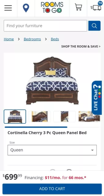 Cortinella Cherry 3 Pc Queen Panel Bed Frame (Rooms To Go)