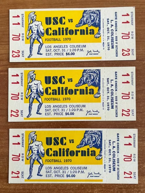 LOT of 3- 1970 NCAA CALIFORNIA BEARS @ USC TROJANS FOOTBALL FULL VINTAGE TICKETS