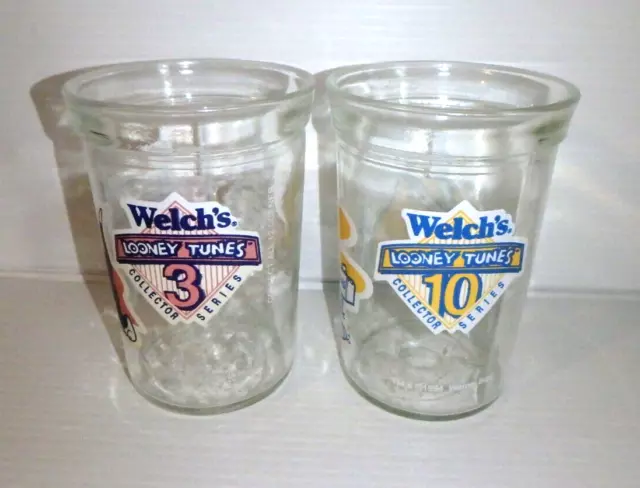 2 Vtg WELCH'S Jelly Jar Glasses WB LOONEY TUNES Tweetie Sylvester / Bugs Sam '94
