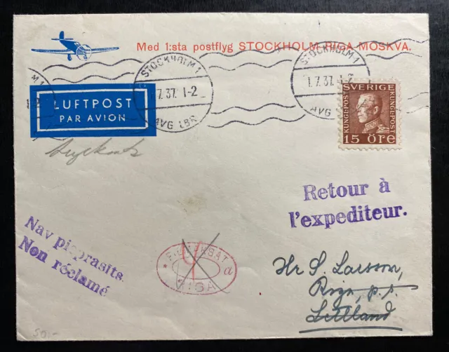 1937 Stockholm Sweden First Flight Airmail cover FFC to Riga Latvia
