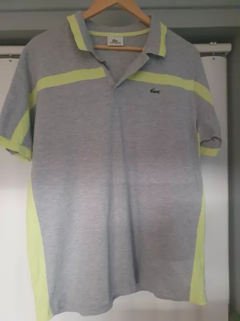 LACOSTE SPORT Mens Classic Fit Polo Shirt Size 6 XL Grey/Lime Green Cotton