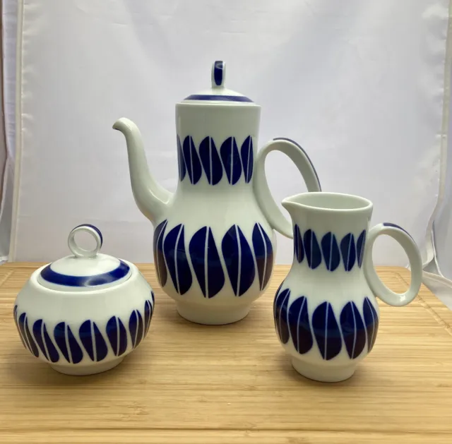 Sargadelos Castro Spain Porcelain Teapot, Creamer, Sugar Bowl Set White Blue NEW