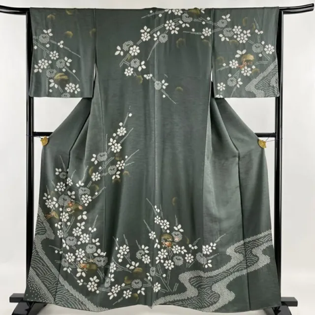 Woman Japanese Kimono Houmongi Silk Flower Wave Embroidery Shibori Gray Green