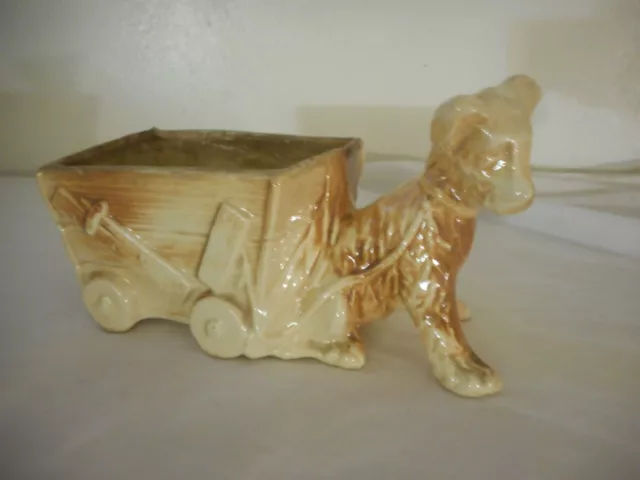 1940s / 50s McCoy Dog Pulling a Cart or Wagon Planter  Brown White  Terrier