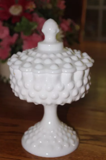 Vintage Fenton White Milk Glass Pedestal Candy Dish Hobnail with Lid