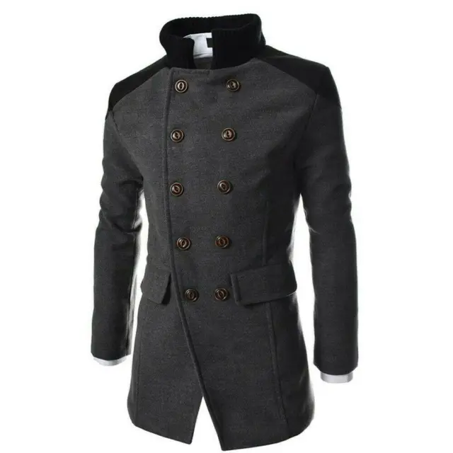 Mens Winter Woolen Long Jacket Trench Coat Double Breasted Warm Overcoat Outwear 8