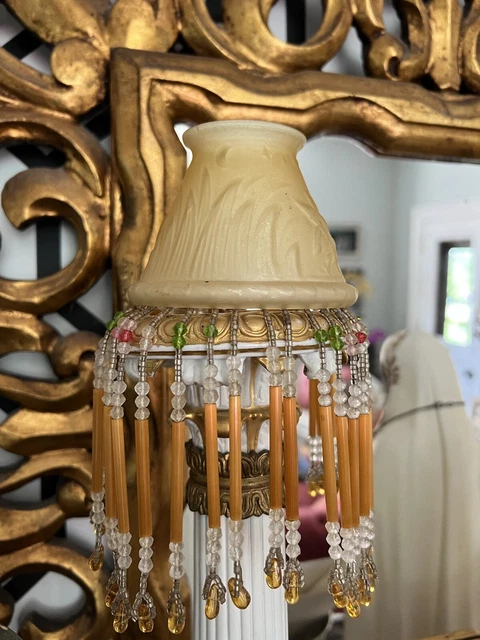 Beautiful Satin Glass Amber  Shade Czech Fringed Beadwork Raised Scene Birds