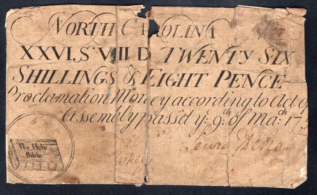 North Carolina Colonial Note Fr#NC-80 March 9, 1754 26s8d *Holy Bible*