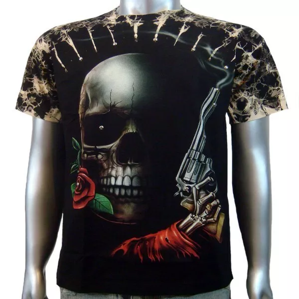 T-shirt da uomo motociclista tatuaggio gotico pistola BB pistola skate moto biker M & L