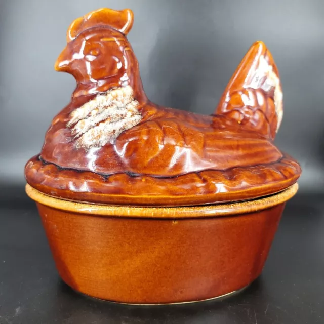 Hull Pottery USA Brown Drip Large Hen Chicken Nest Casserole REPAIRED Vintage