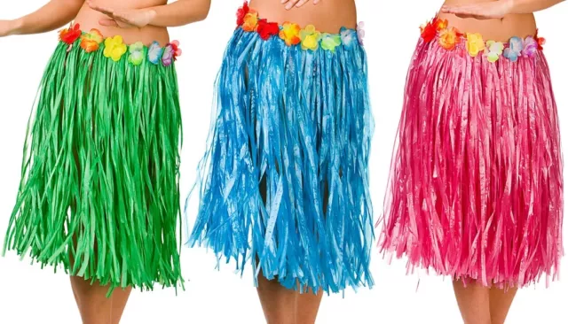 Ladies Hawaiian Fancy Dress Hula Grass Skirt 60cm 3 Cols Pink, Blue, Green New