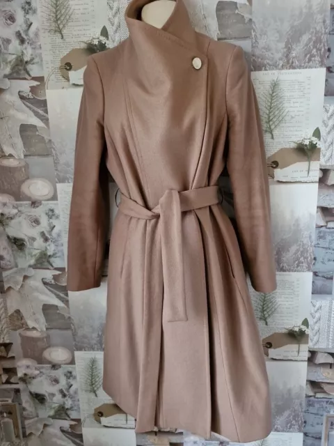 Ted Baker Lorili Camel Long Belted Wrap Collar Wool Coat Size 2 UK 10