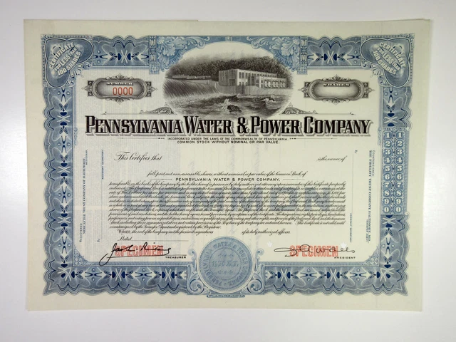 PA. Pennsylvania Water & Power Co., 1920-30s 100 Shrs Specimen Stock Cert, XF