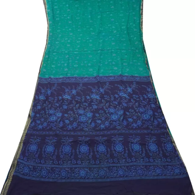 Vintage Verde Blu Sari 100% Puro Crepe Seta Stampato Zari Profilo 5.5m Morbido