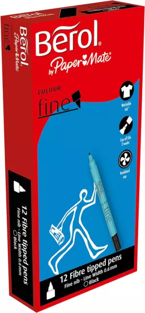 Berol Colour Fine Fibre Tipped Pen with 0.6 mm Line Width - Black, Pack of 12