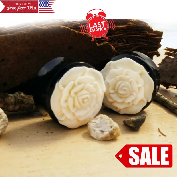 PAIR White Rose Horn Organic Floral Handcarved Double Flared Ear Plugs 11/16"-1"