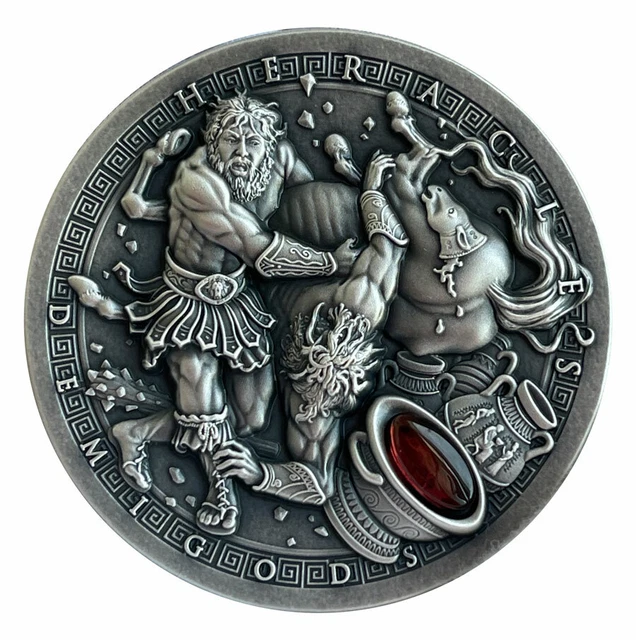 2021 Niue Demigods Hercules Ultra High Relief 2 oz Silver Red Garnet