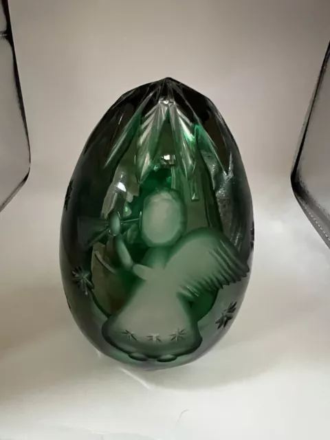 Vintage Godinger Crystal Green Heavy Cut Crystal Egg Angel Horn Christmas #5/250