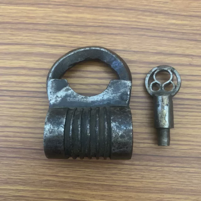 Antique or Old  Iron SCREW TYPE padlock or lock with key primitive and Early.