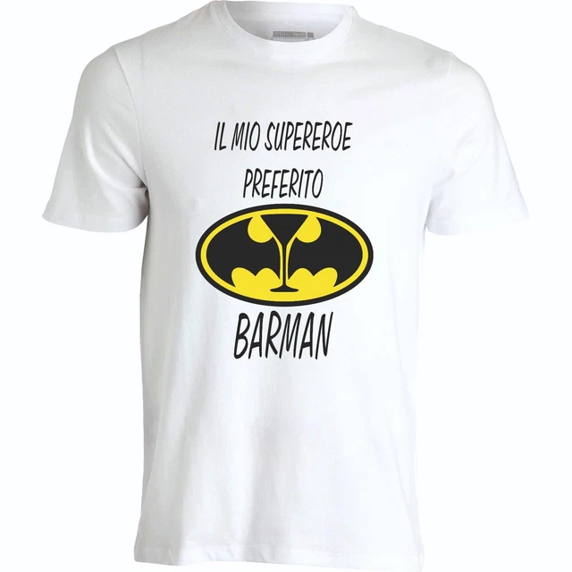 T-shirt in cotone unisex stampata "il mio supereroe preferito è barman"