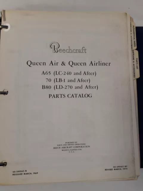 Beech Queen Air & Queen Airliner A65/70/B80 Parts Catalog 1974, Original