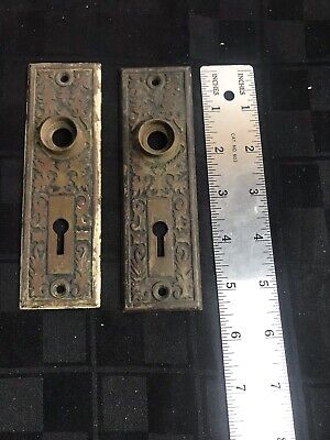 Antique pair set 2 BRASS Bronze Door Knob Skeleton Key Back Plate 5 1/2 3