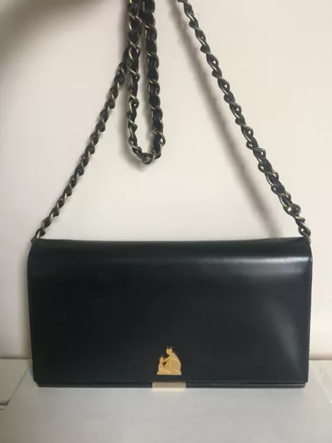 VTG LANVIN Black Leather 2Way Chain Strap Shoulder Handbag Clutch W/Dust Bag