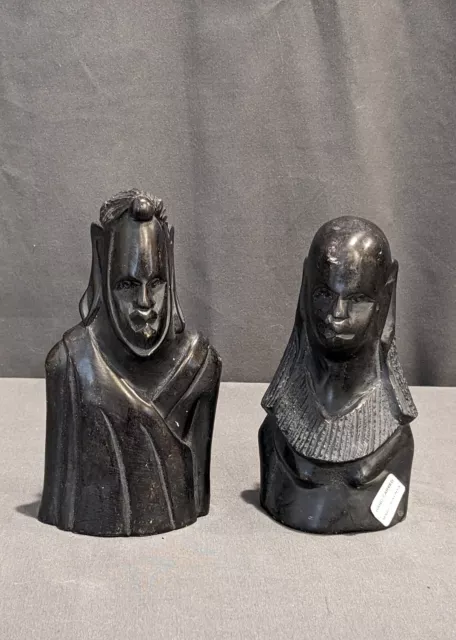 Pair of 5.5" Stone (?) Tribal Man & Woman Bust Statues - Hand Carved in Kenya