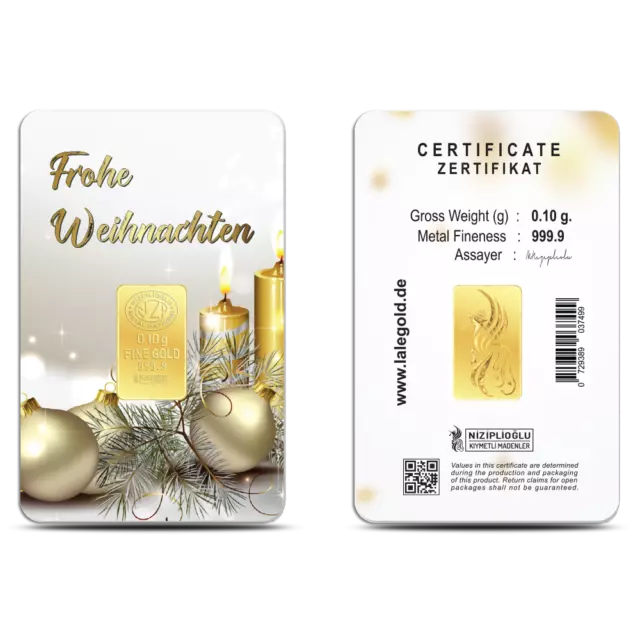 0,1 Gramm Goldbarren "Frohe Weihnachten" 0,10g Gold Barren Weihnachtsgeschenk