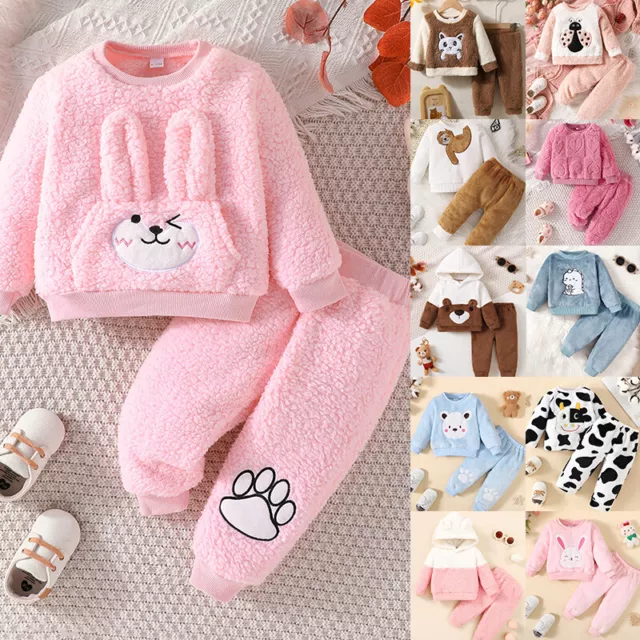 Toddler Baby Boys Girls Fleece Teddy Bear Tops Pants Outfits Set Kids Loungewear