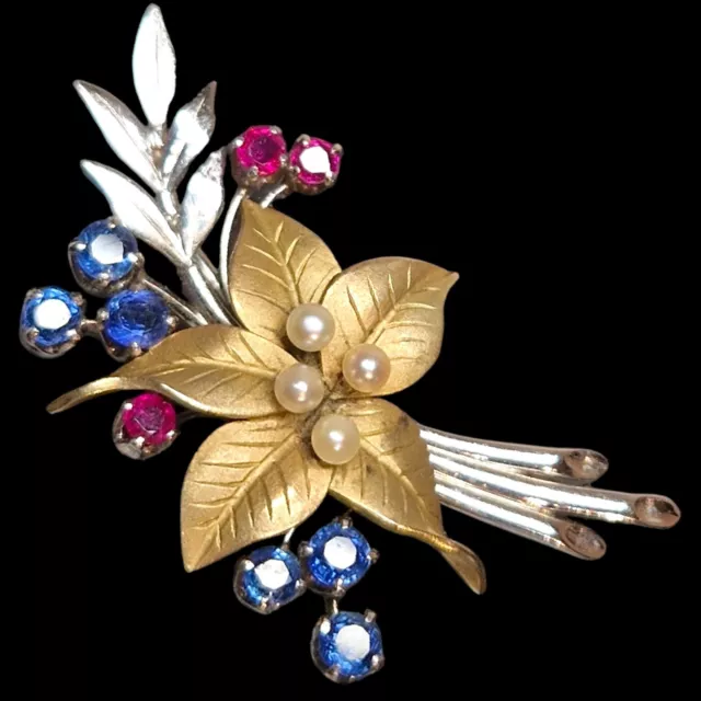 Broche ancienne, or 9 carats, perles & pierres, Birmingham 1958, bijoux vintage