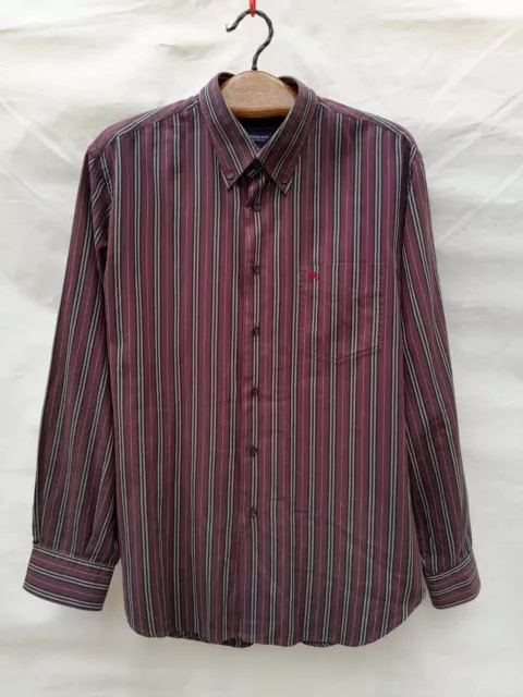 Burberry London Stripe Shirt Men's Extra Large Burgundy Pocket Made In Spain