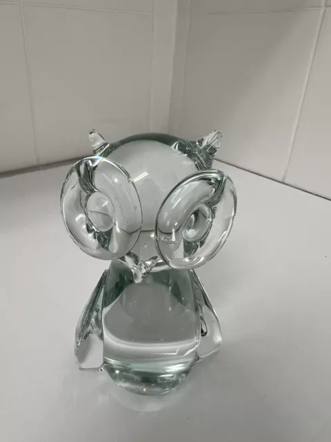 Vintage Art Glass Hand Blown Owl Paperweight Ornament Figurine Clear Glass